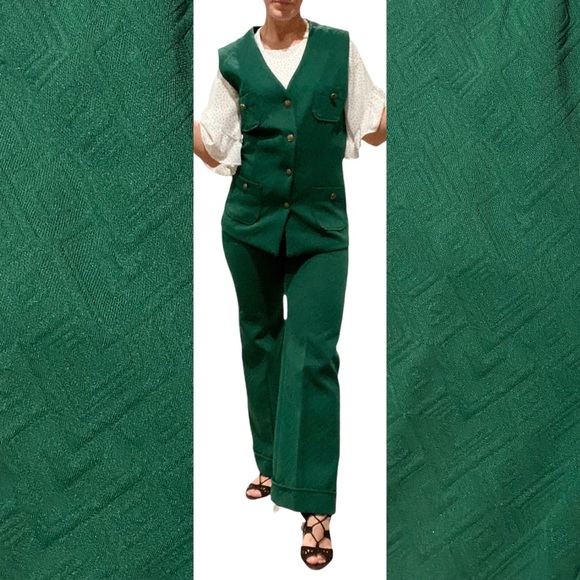 Vintage Pants - Vintage 1970s Kelly green polyester two piece pants suit wide leg vest
